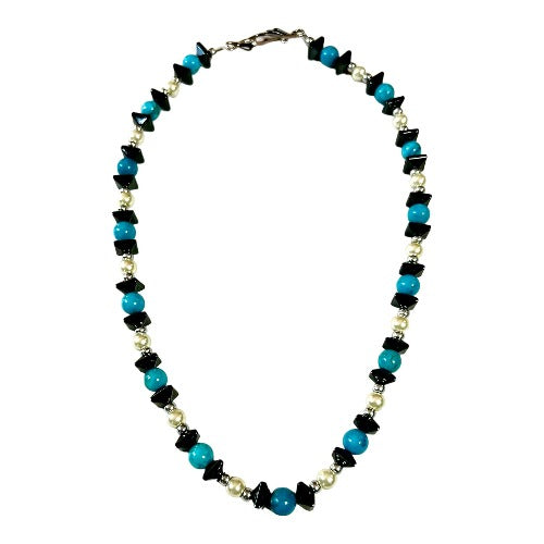 magnetic hematite, pearl and turquoise necklace