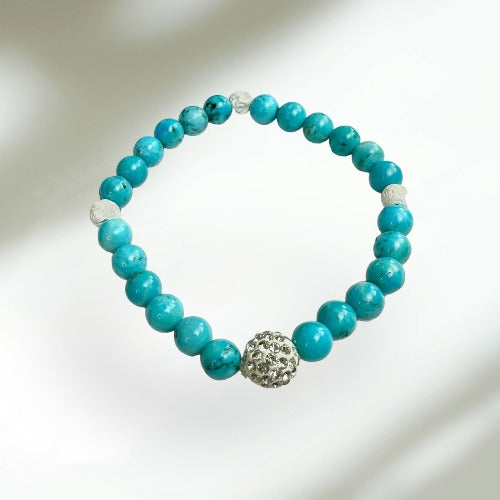 6mm Reiki Healing Turquoise Howlite with 3 Lava Beads and a Center Sparkle Bead Bracelet - 8" Stretch