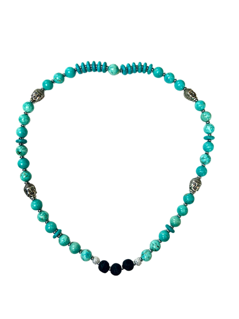 Turquoise, Buddha and Lava Bead Stretch Necklace