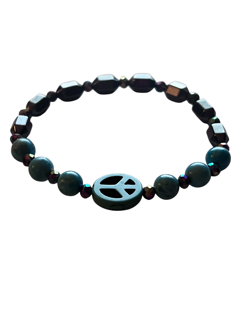 Peace Sign, Turquoise and Hematite Bracelet