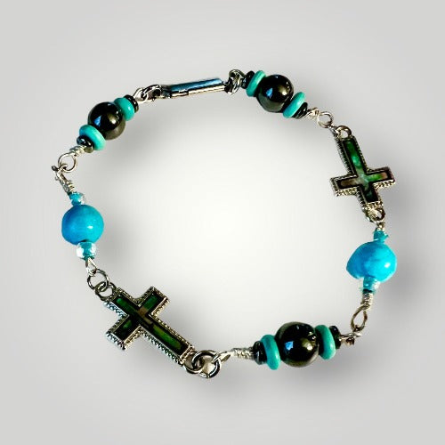 cross with hematite and Turquoise bracelet