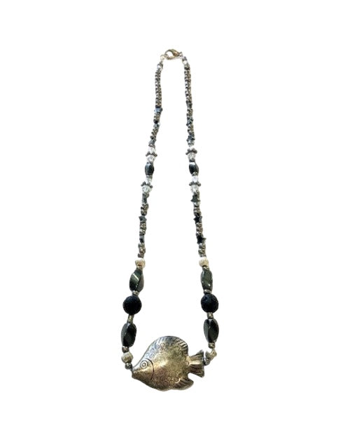 fish, lava bead and onyx necklace
