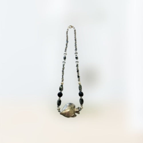 Fish, Lava Bead and Onyx Clasp Necklace
