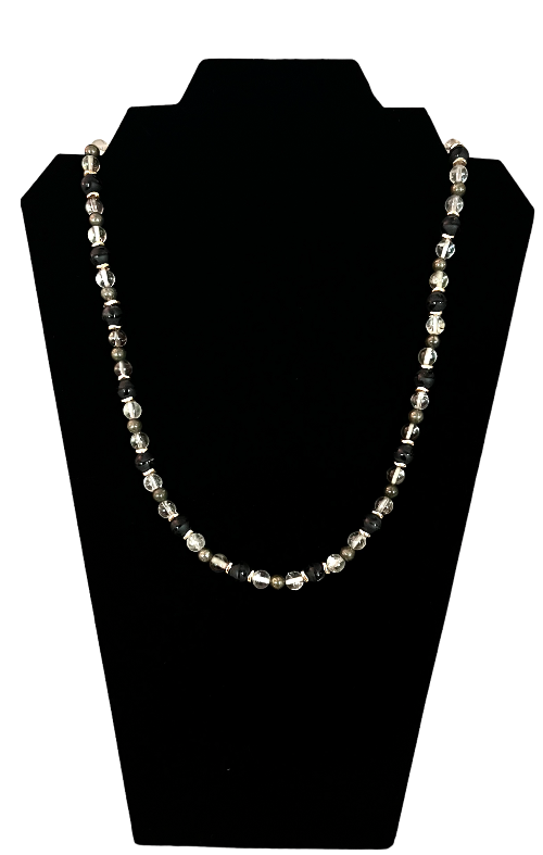 Black Tibetan Agate, Pyrite and Clear Quartz Necklace