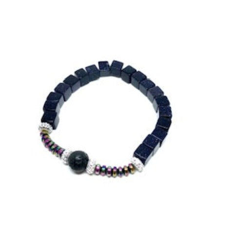 Blue Goldstone and Lava Bead Stretch Bracelet
