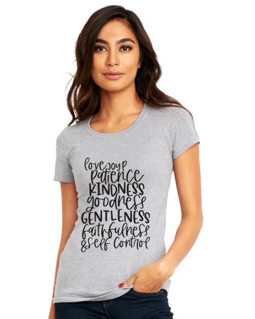 heather gray love, patience, kindness tee shirt