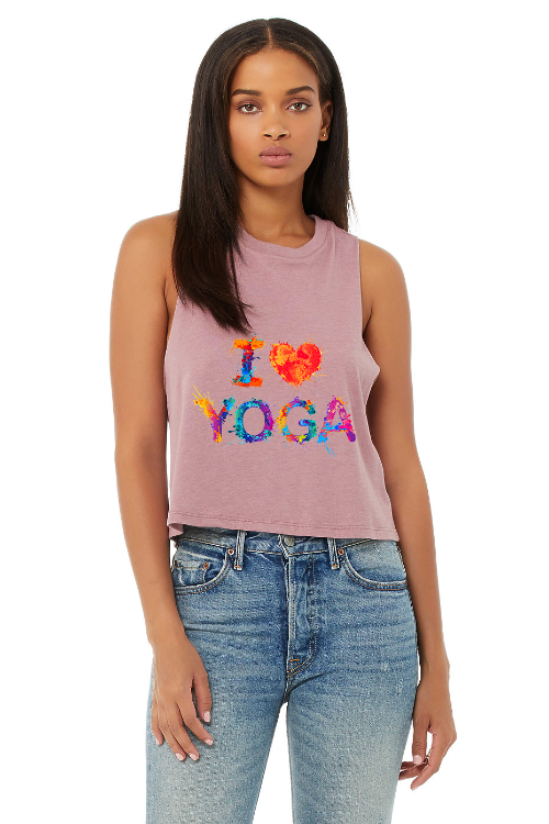 heather orchid i love yoga cropped tee