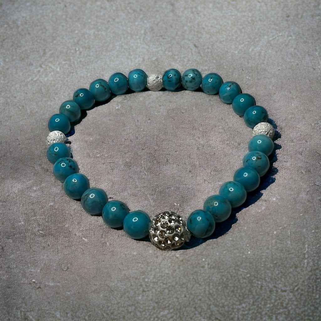 6mm Reiki Healing Turquoise Howlite with 3 Lava Beads and a Center Sparkle Bead Bracelet - 8" Stretch