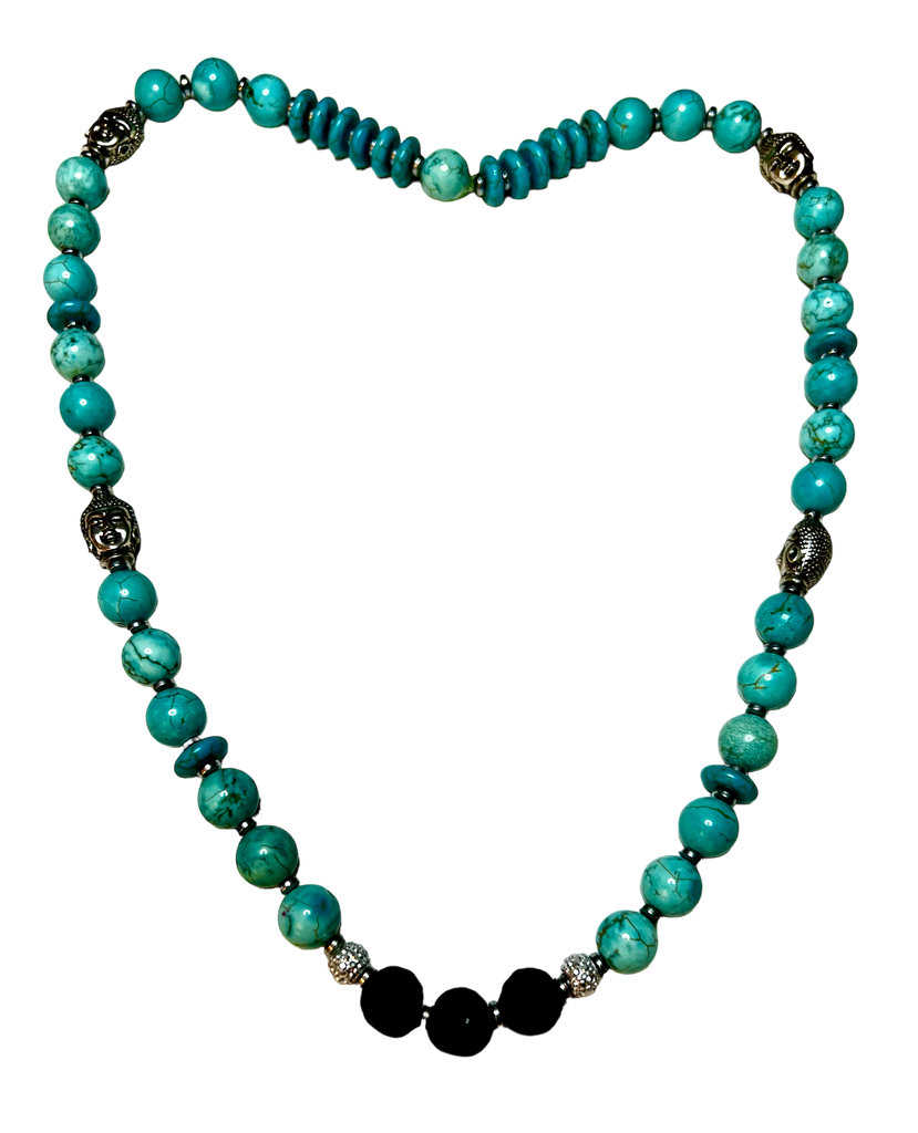 Turquoise, Buddha and Lava Bead Stretch Necklace