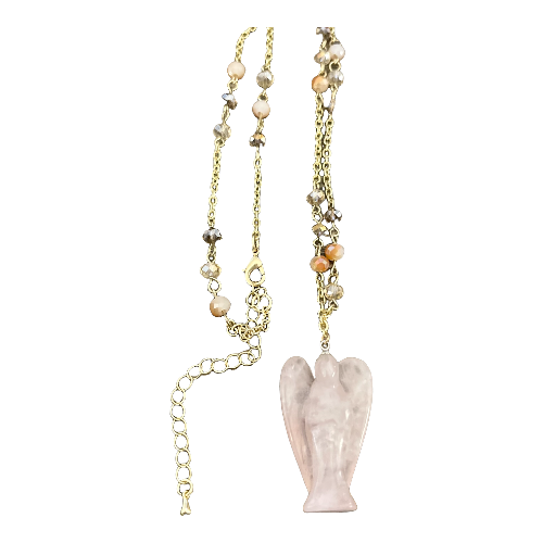 Rose Quartz Angel Necklace With Gold Gemstone Chain